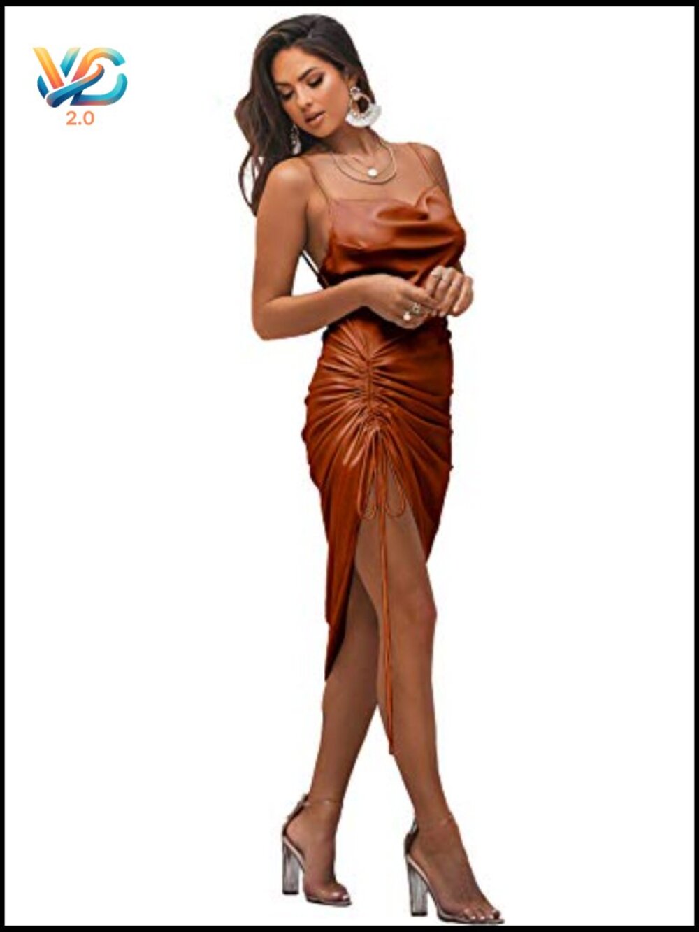 Satin Spaghetti Strap Cowl Neck Midi Dress Bodycon Party - Picture 4 of 7